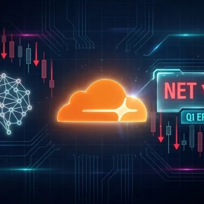 Glowing Cloudflare orange cloud logo centered on a dark dashboard with NET stock down 18 percent panel, AI brain neural-network glyph, candlestick chart with red downward arrows, evoking the agentic AI workforce reset