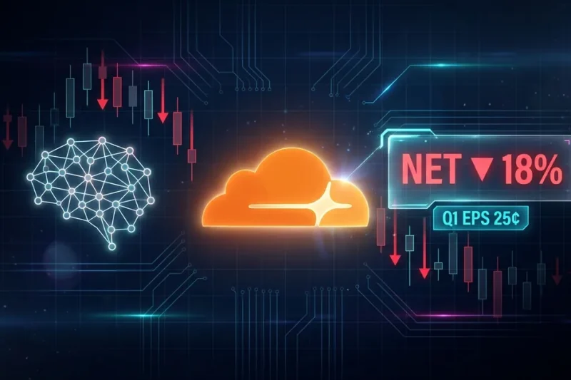 Glowing Cloudflare orange cloud logo centered on a dark dashboard with NET stock down 18 percent panel, AI brain neural-network glyph, candlestick chart with red downward arrows, evoking the agentic AI workforce reset