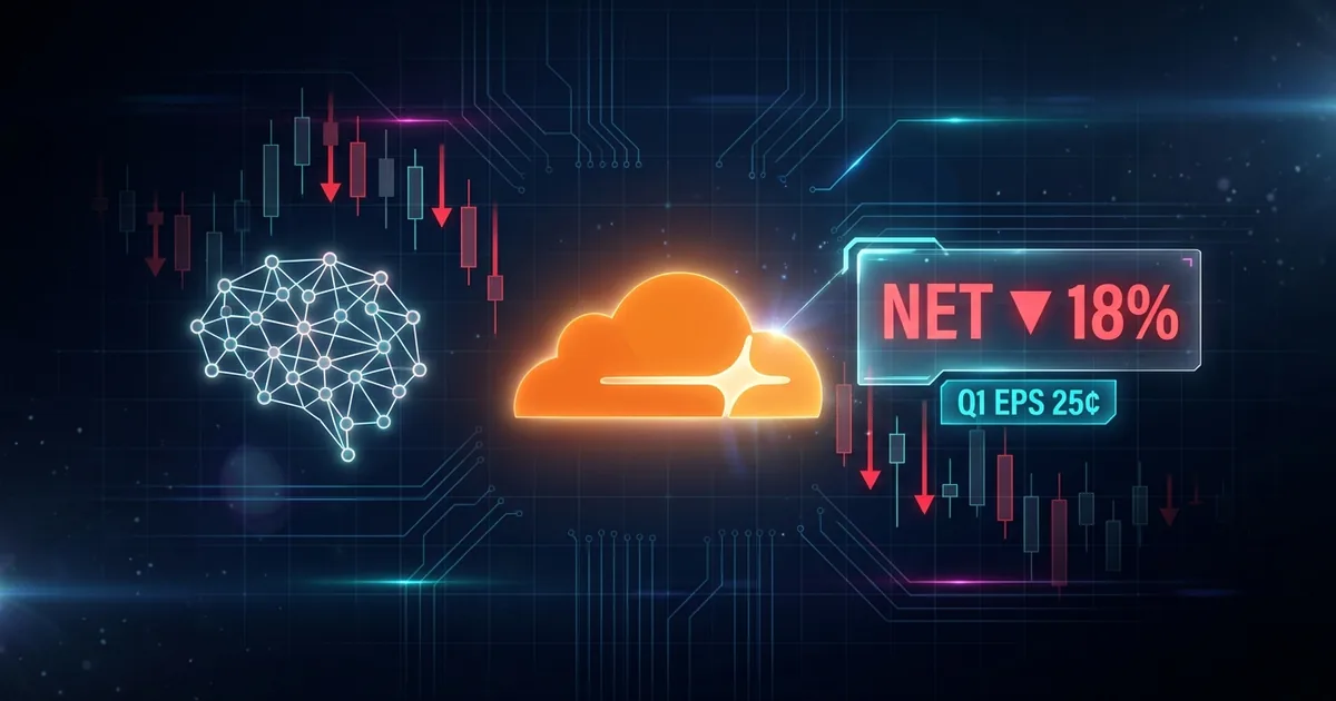 Glowing Cloudflare orange cloud logo centered on a dark dashboard with NET stock down 18 percent panel, AI brain neural-network glyph, candlestick chart with red downward arrows, evoking the agentic AI workforce reset