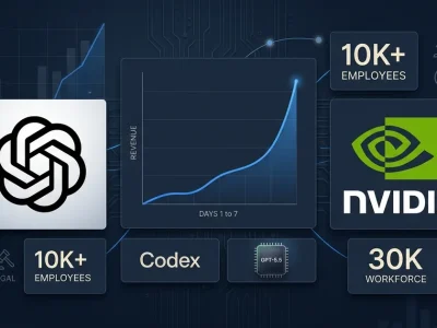 Editorial dashboard composite showing the OpenAI logo, NVIDIA logo, and a revenue chart line doubling across seven days, with 10K+ employees and 30K workforce stat panels representing NVIDIA's Codex deployment