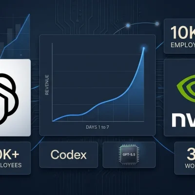 Editorial dashboard composite showing the OpenAI logo, NVIDIA logo, and a revenue chart line doubling across seven days, with 10K+ employees and 30K workforce stat panels representing NVIDIA's Codex deployment