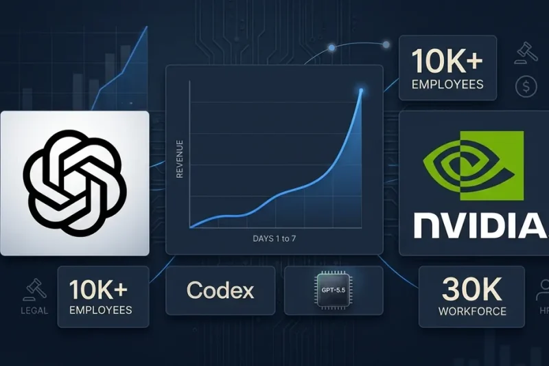 Editorial dashboard composite showing the OpenAI logo, NVIDIA logo, and a revenue chart line doubling across seven days, with 10K+ employees and 30K workforce stat panels representing NVIDIA's Codex deployment