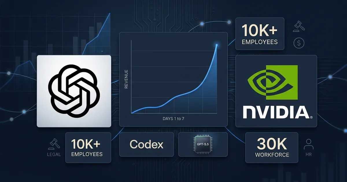 Editorial dashboard composite showing the OpenAI logo, NVIDIA logo, and a revenue chart line doubling across seven days, with 10K+ employees and 30K workforce stat panels representing NVIDIA's Codex deployment