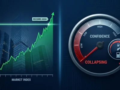Split dashboard with a soaring green market index hitting a record high on the left and a consumer-confidence gauge with its needle pinned to the bottom in red on the right
