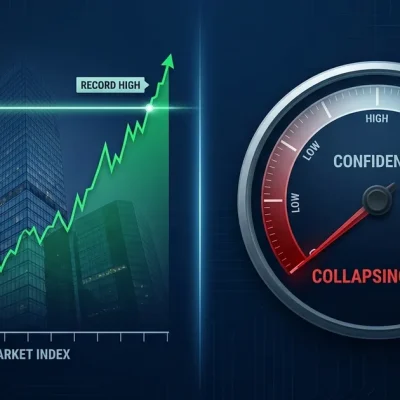 Split dashboard with a soaring green market index hitting a record high on the left and a consumer-confidence gauge with its needle pinned to the bottom in red on the right
