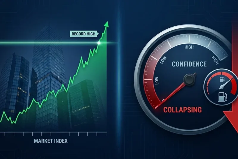Split dashboard with a soaring green market index hitting a record high on the left and a consumer-confidence gauge with its needle pinned to the bottom in red on the right