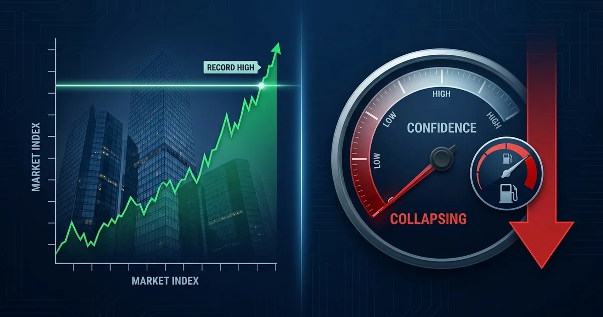 Split dashboard with a soaring green market index hitting a record high on the left and a consumer-confidence gauge with its needle pinned to the bottom in red on the right