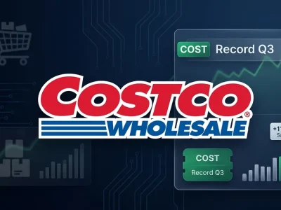 Costco Wholesale logo on a navy dashboard with a green COST Record Q3 chip and an upward sales chart