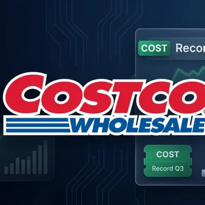 Costco Wholesale logo on a navy dashboard with a green COST Record Q3 chip and an upward sales chart