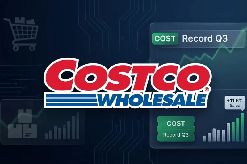 Costco Wholesale logo on a navy dashboard with a green COST Record Q3 chip and an upward sales chart