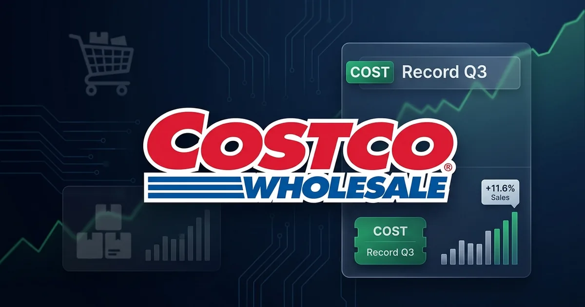Costco Wholesale logo on a navy dashboard with a green COST Record Q3 chip and an upward sales chart