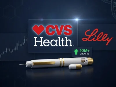 CVS Health and Eli Lilly logos with injection pen and pill capsule on dark navy pharmaceutical background with 10 million patients callout and upward trending chart
