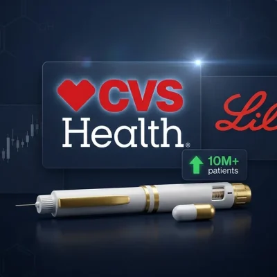 CVS Health and Eli Lilly logos with injection pen and pill capsule on dark navy pharmaceutical background with 10 million patients callout and upward trending chart