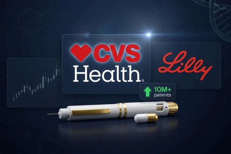 CVS Health and Eli Lilly logos with injection pen and pill capsule on dark navy pharmaceutical background with 10 million patients callout and upward trending chart