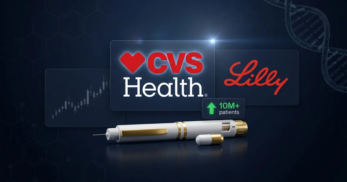 CVS Health and Eli Lilly logos with injection pen and pill capsule on dark navy pharmaceutical background with 10 million patients callout and upward trending chart