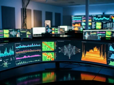 Modern observability control room with multiple curved monitors displaying real-time dashboards including heat maps neural network topology and latency histograms