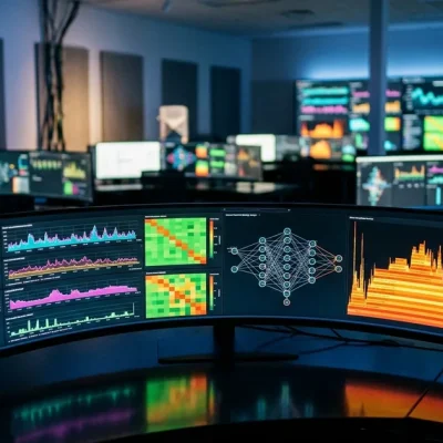 Modern observability control room with multiple curved monitors displaying real-time dashboards including heat maps neural network topology and latency histograms