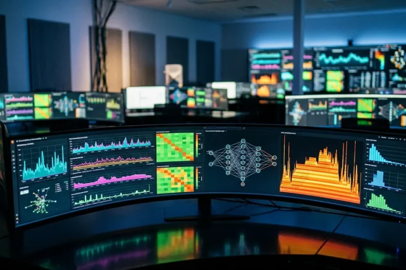 Modern observability control room with multiple curved monitors displaying real-time dashboards including heat maps neural network topology and latency histograms