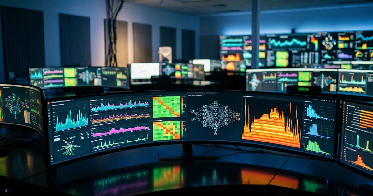 Modern observability control room with multiple curved monitors displaying real-time dashboards including heat maps neural network topology and latency histograms