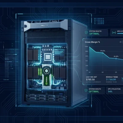 Dell AI server rack with an Nvidia GPU inside and a dashboard panel showing a declining gross-margin chart