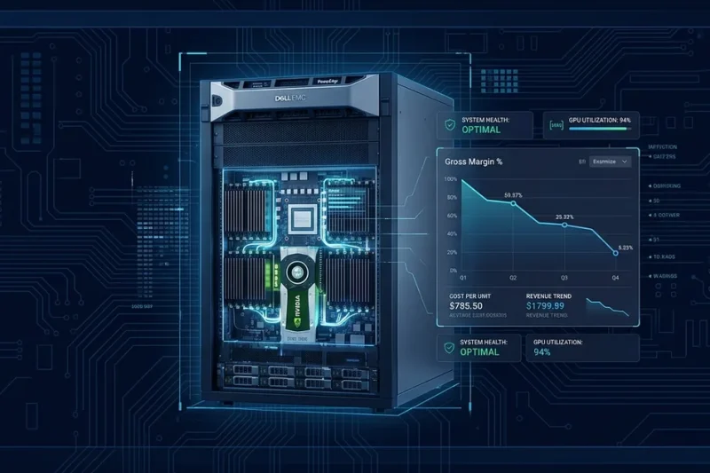 Dell AI server rack with an Nvidia GPU inside and a dashboard panel showing a declining gross-margin chart