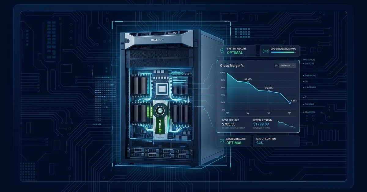 Dell AI server rack with an Nvidia GPU inside and a dashboard panel showing a declining gross-margin chart