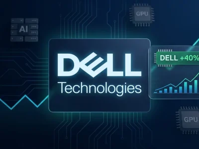 Dell Technologies logo on a navy dashboard with a green DELL +40% ticker chip and an upward stock chart