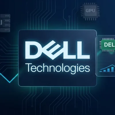 Dell Technologies logo on a navy dashboard with a green DELL +40% ticker chip and an upward stock chart