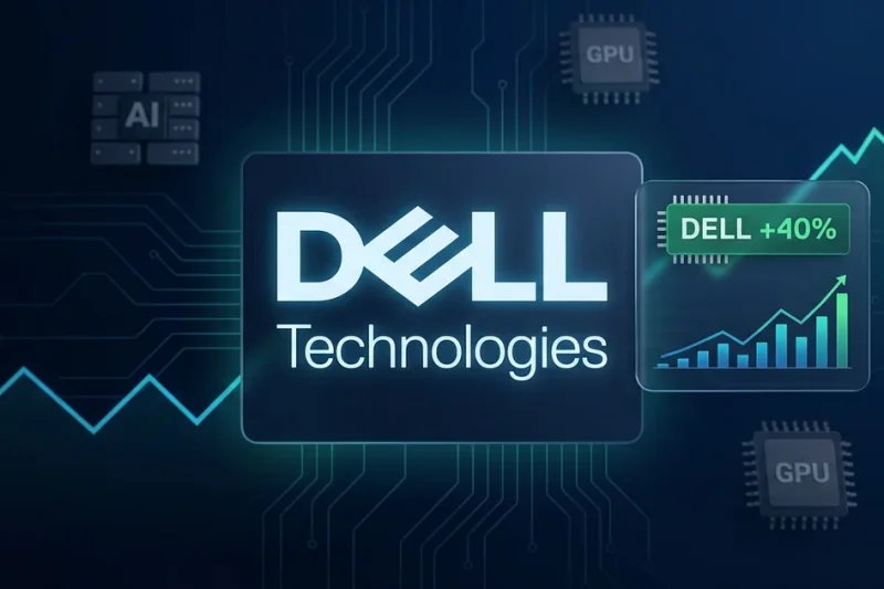 Dell Technologies logo on a navy dashboard with a green DELL +40% ticker chip and an upward stock chart
