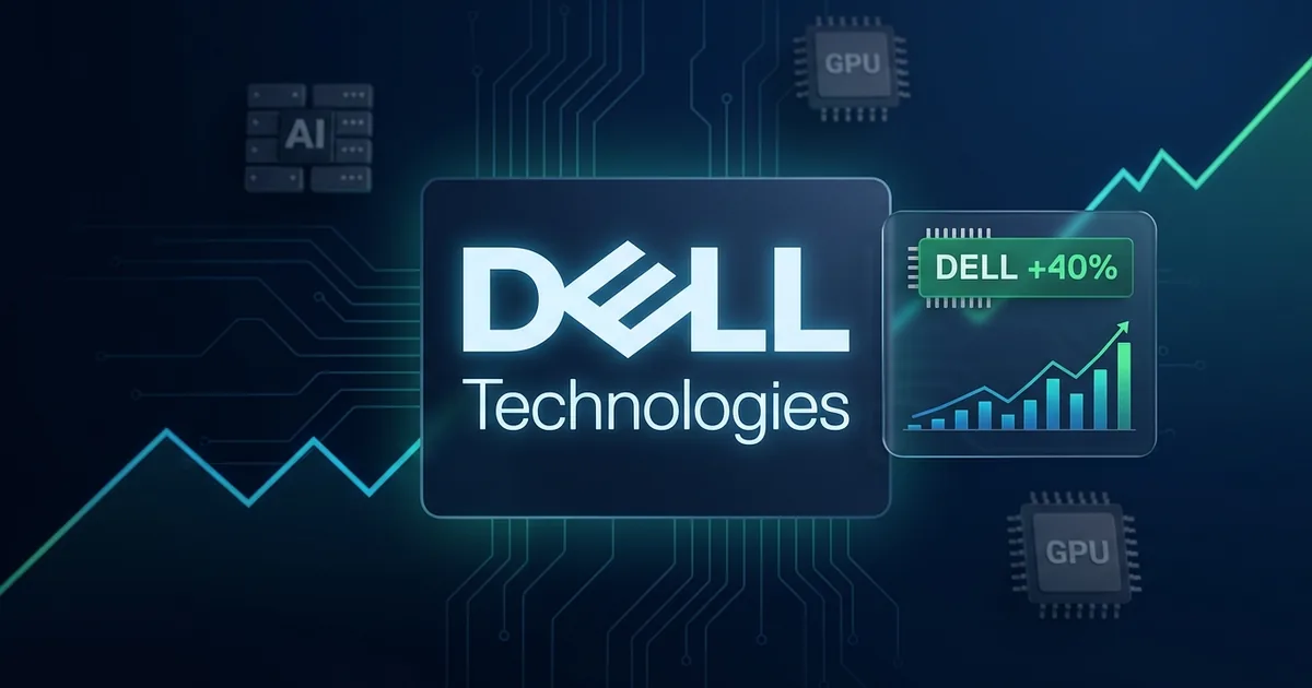 Dell Technologies logo on a navy dashboard with a green DELL +40% ticker chip and an upward stock chart
