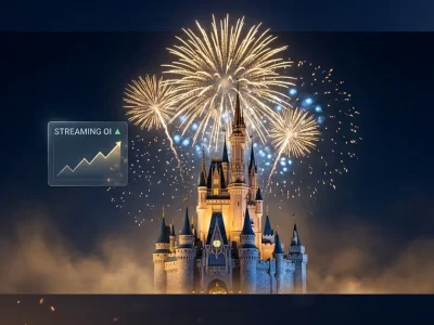 A fairytale castle silhouette illuminated by warm golden floodlights with brilliant golden fireworks bursting in the deep navy night sky above, with a small holographic dashboard panel showing streaming operating income trending up