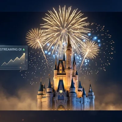 A fairytale castle silhouette illuminated by warm golden floodlights with brilliant golden fireworks bursting in the deep navy night sky above, with a small holographic dashboard panel showing streaming operating income trending up