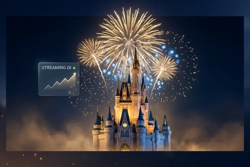 A fairytale castle silhouette illuminated by warm golden floodlights with brilliant golden fireworks bursting in the deep navy night sky above, with a small holographic dashboard panel showing streaming operating income trending up