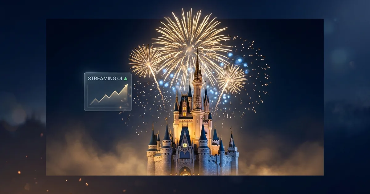A fairytale castle silhouette illuminated by warm golden floodlights with brilliant golden fireworks bursting in the deep navy night sky above, with a small holographic dashboard panel showing streaming operating income trending up