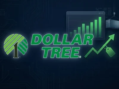 Dollar Tree logo beside a green upward earnings chart with a price tag and a shipping container evoking tariffs