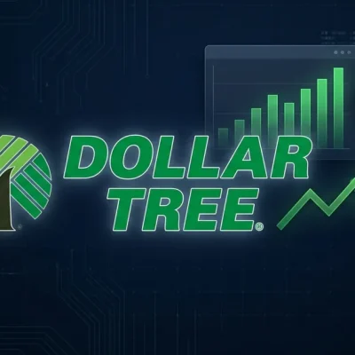 Dollar Tree logo beside a green upward earnings chart with a price tag and a shipping container evoking tariffs