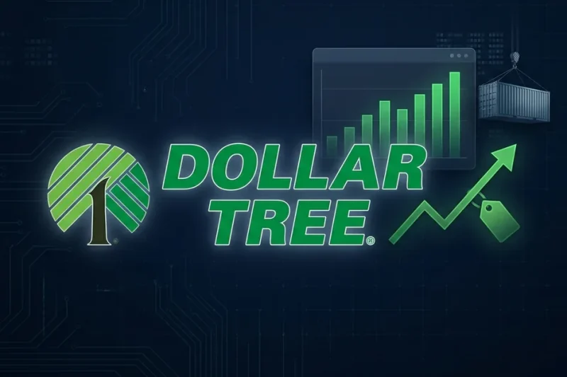 Dollar Tree logo beside a green upward earnings chart with a price tag and a shipping container evoking tariffs