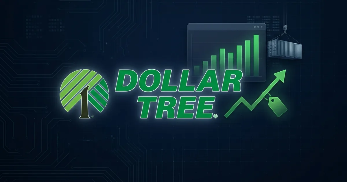 Dollar Tree logo beside a green upward earnings chart with a price tag and a shipping container evoking tariffs
