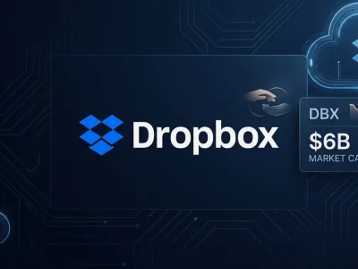 The Dropbox logo on a dark navy background beside a data panel showing the DBX ticker, a 6 billion dollar market cap, and a downward stock chart