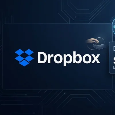 The Dropbox logo on a dark navy background beside a data panel showing the DBX ticker, a 6 billion dollar market cap, and a downward stock chart
