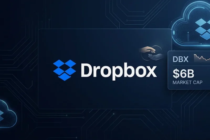 The Dropbox logo on a dark navy background beside a data panel showing the DBX ticker, a 6 billion dollar market cap, and a downward stock chart