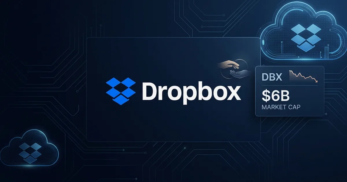 The Dropbox logo on a dark navy background beside a data panel showing the DBX ticker, a 6 billion dollar market cap, and a downward stock chart