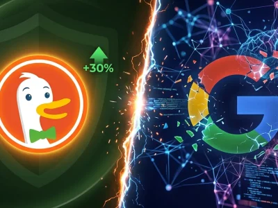 DuckDuckGo duck logo with plus 30 percent indicator versus fragmenting Google G logo split by lightning seam on contrasting green and blue backgrounds