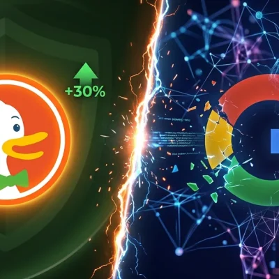 DuckDuckGo duck logo with plus 30 percent indicator versus fragmenting Google G logo split by lightning seam on contrasting green and blue backgrounds