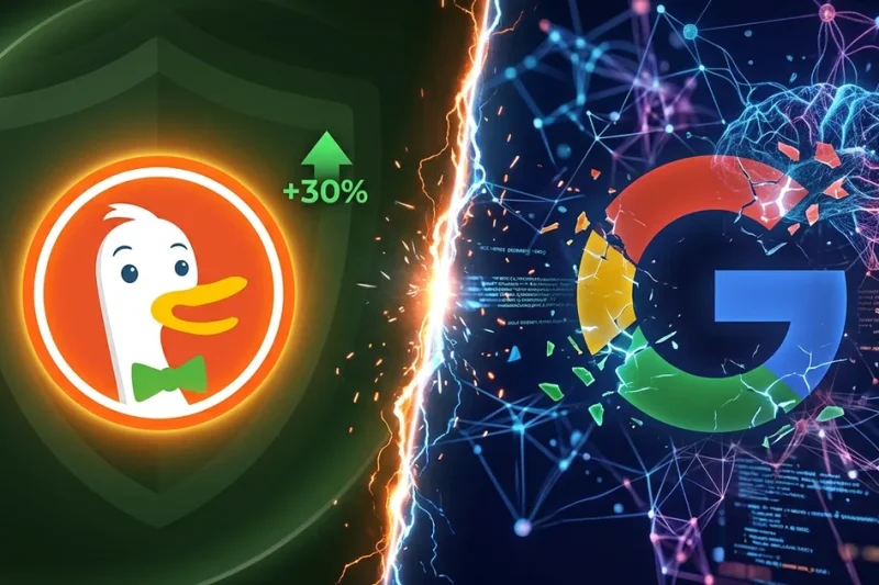 DuckDuckGo duck logo with plus 30 percent indicator versus fragmenting Google G logo split by lightning seam on contrasting green and blue backgrounds