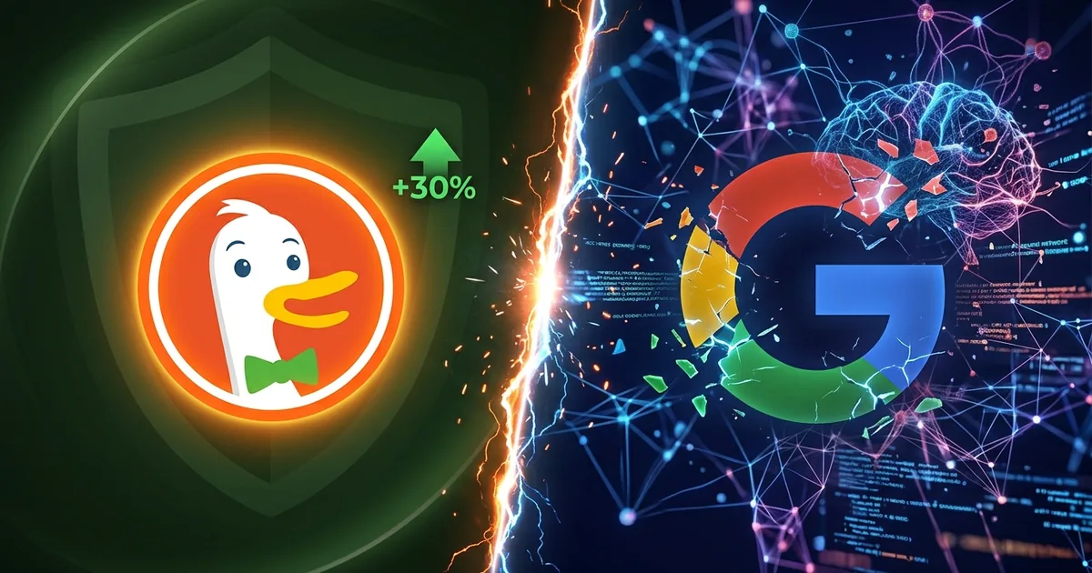 DuckDuckGo duck logo with plus 30 percent indicator versus fragmenting Google G logo split by lightning seam on contrasting green and blue backgrounds