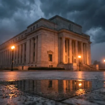 The Marriner S. Eccles Federal Reserve Board Building in Washington DC at dusk under dramatic storm clouds, lit by amber streetlamps with a wet marble forecourt reflecting the lights