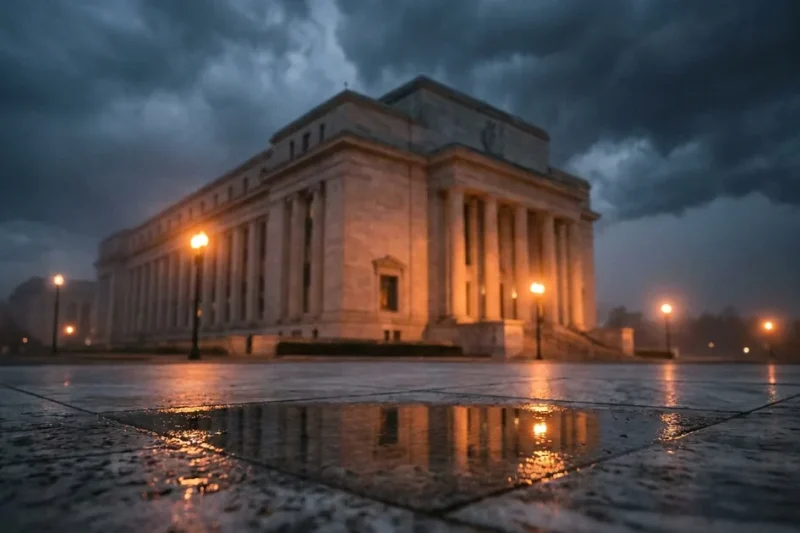 The Marriner S. Eccles Federal Reserve Board Building in Washington DC at dusk under dramatic storm clouds, lit by amber streetlamps with a wet marble forecourt reflecting the lights
