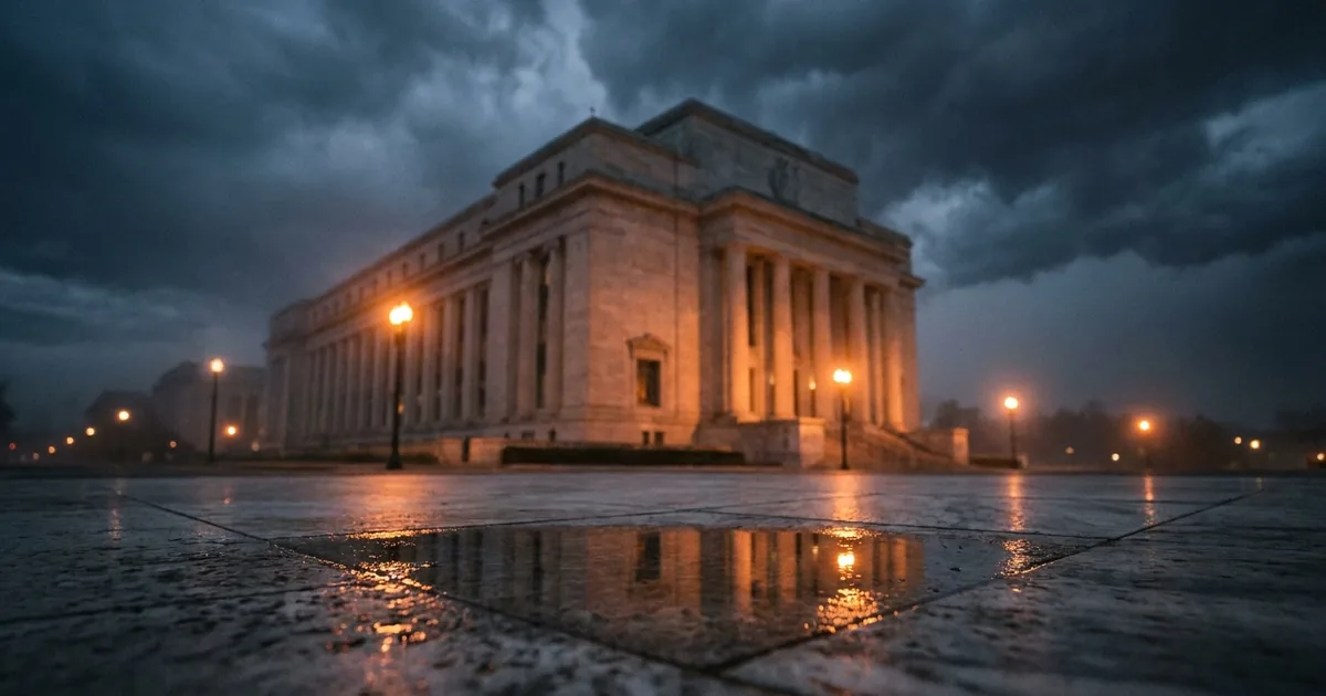 The Marriner S. Eccles Federal Reserve Board Building in Washington DC at dusk under dramatic storm clouds, lit by amber streetlamps with a wet marble forecourt reflecting the lights