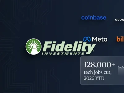 Dashboard composite showing Fidelity Investments logo as centerpiece, with Coinbase, Cloudflare, Meta, and BILL.com supporting logos, plus a data panel showing 128,000-plus tech jobs cut in 2026 with a downward sparkline